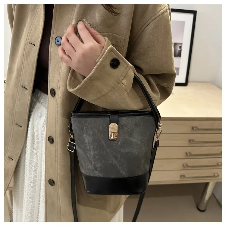 Vintage Blue Brown Bucket Bag for Women — feature 19