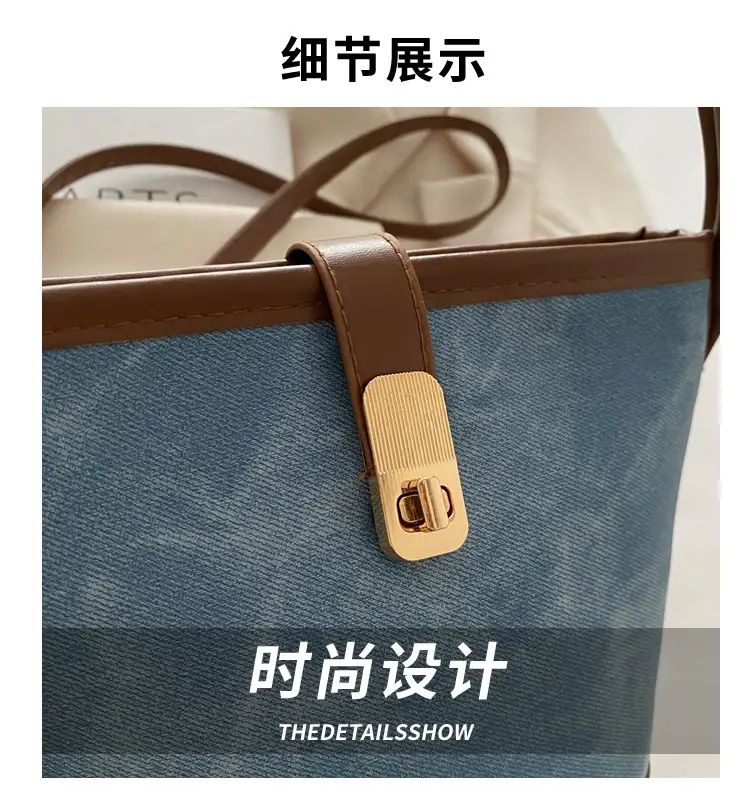 Vintage Blue Brown Bucket Bag for Women — feature 2