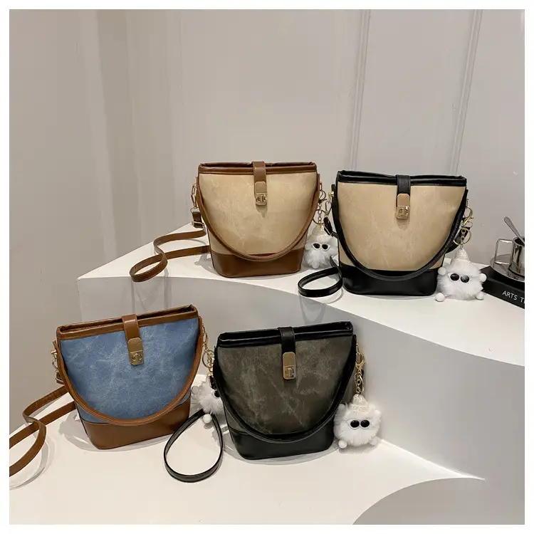 Vintage Blue Brown Bucket Bag for Women — feature 20