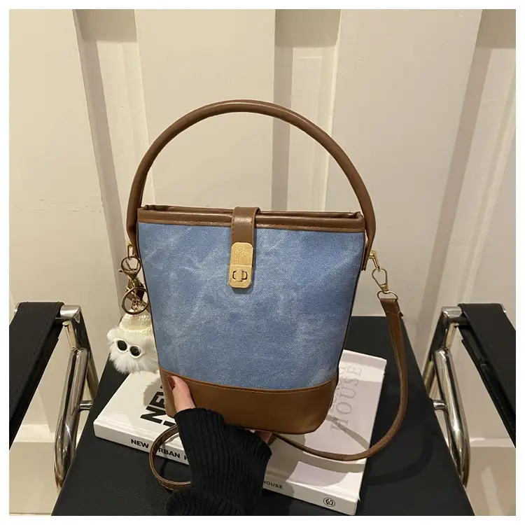Vintage Blue Brown Bucket Bag for Women — feature 23