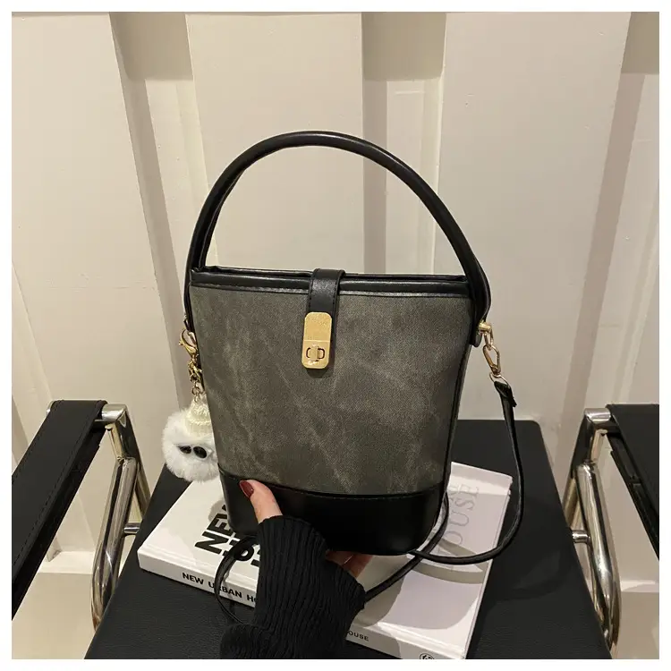 Vintage Blue Brown Bucket Bag for Women — feature 24