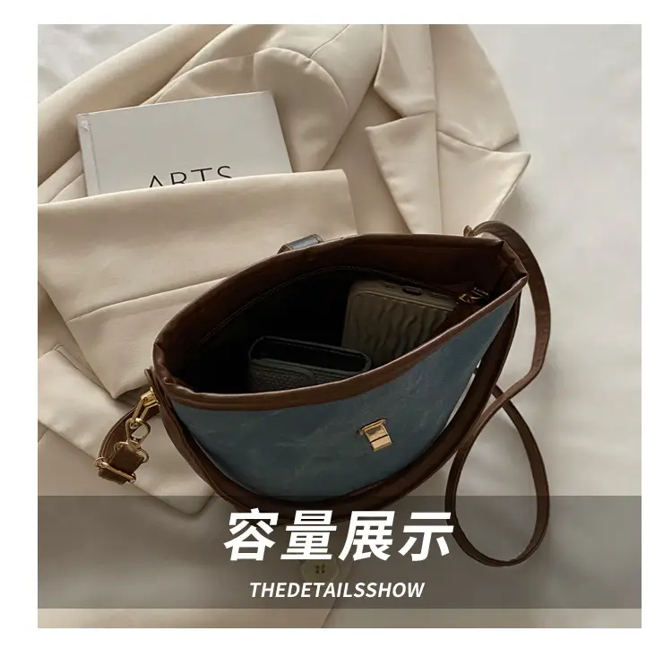 Vintage Blue Brown Bucket Bag for Women — feature 6