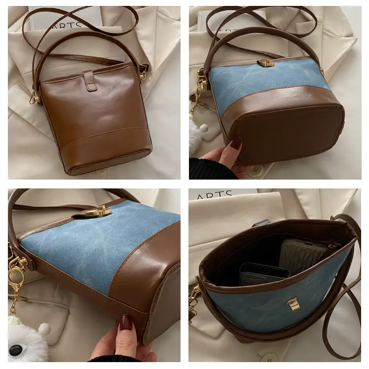 Vintage Blue Brown Bucket Bag for Women — feature 7