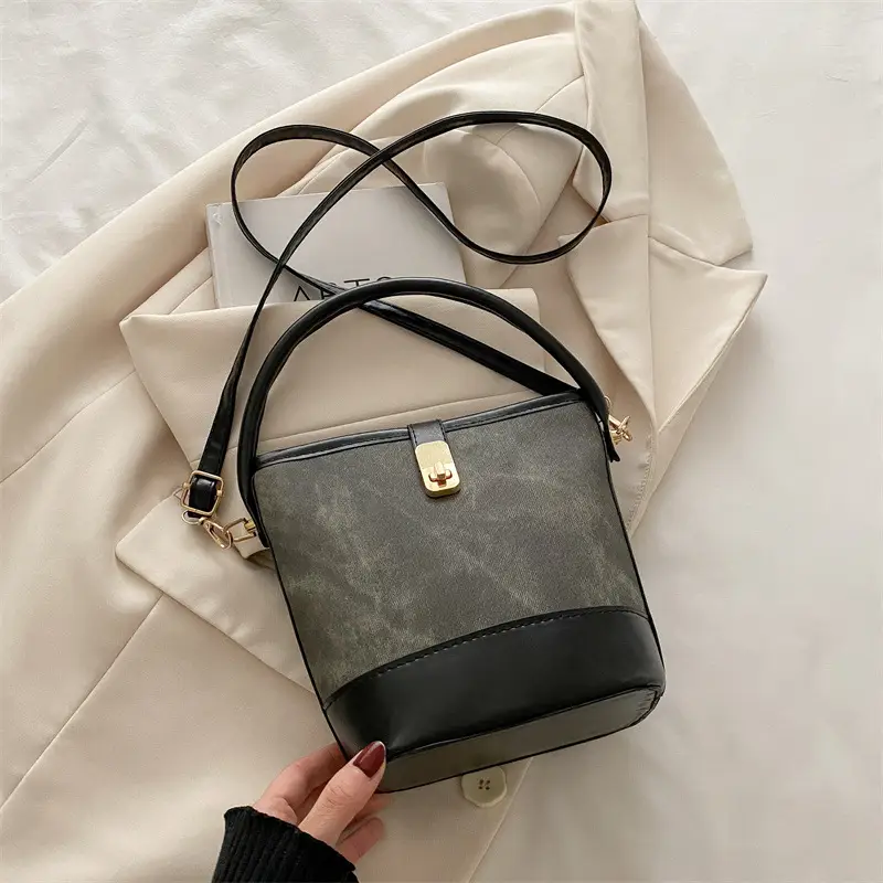 Vintage Blue Brown Bucket Bag for Women - Image 2