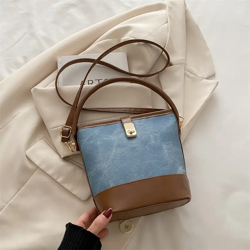 Vintage Blue Brown Bucket Bag for Women - Image 4