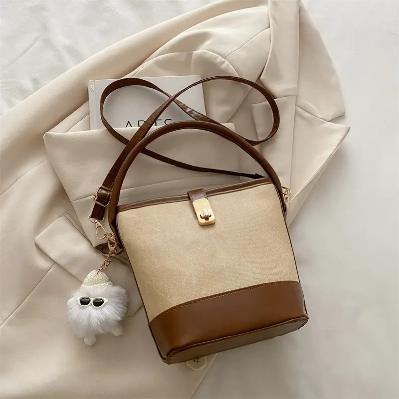 Vintage Blue Brown Bucket Bag for Women - Image 6