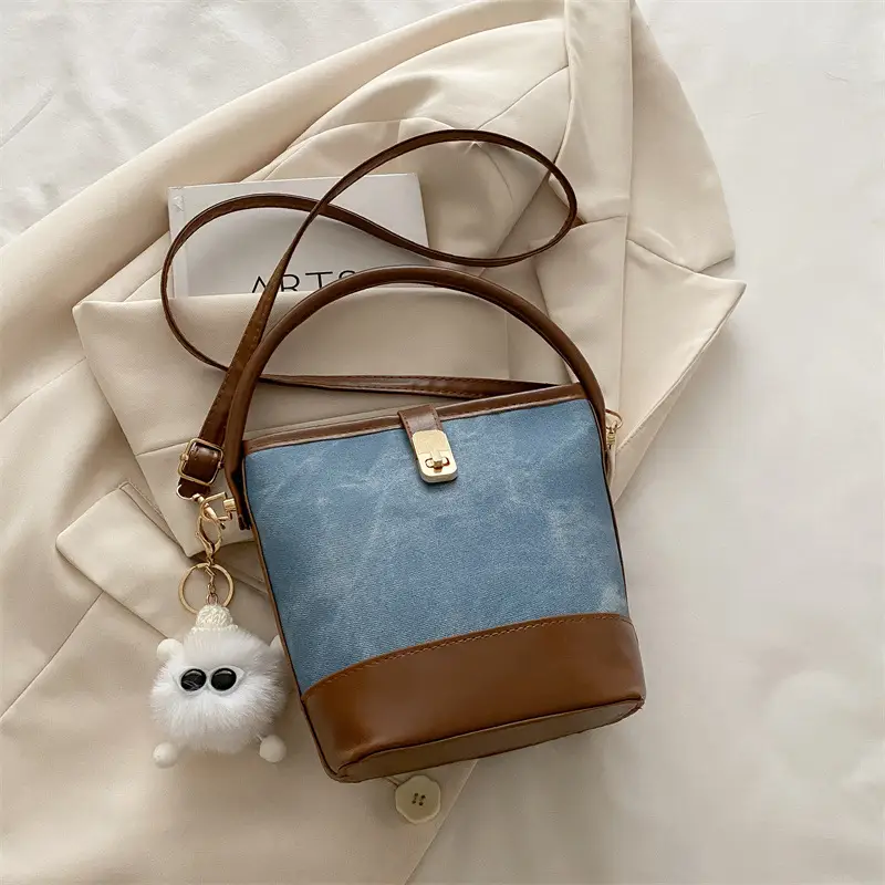 Vintage Blue Brown Bucket Bag for Women - Image 8