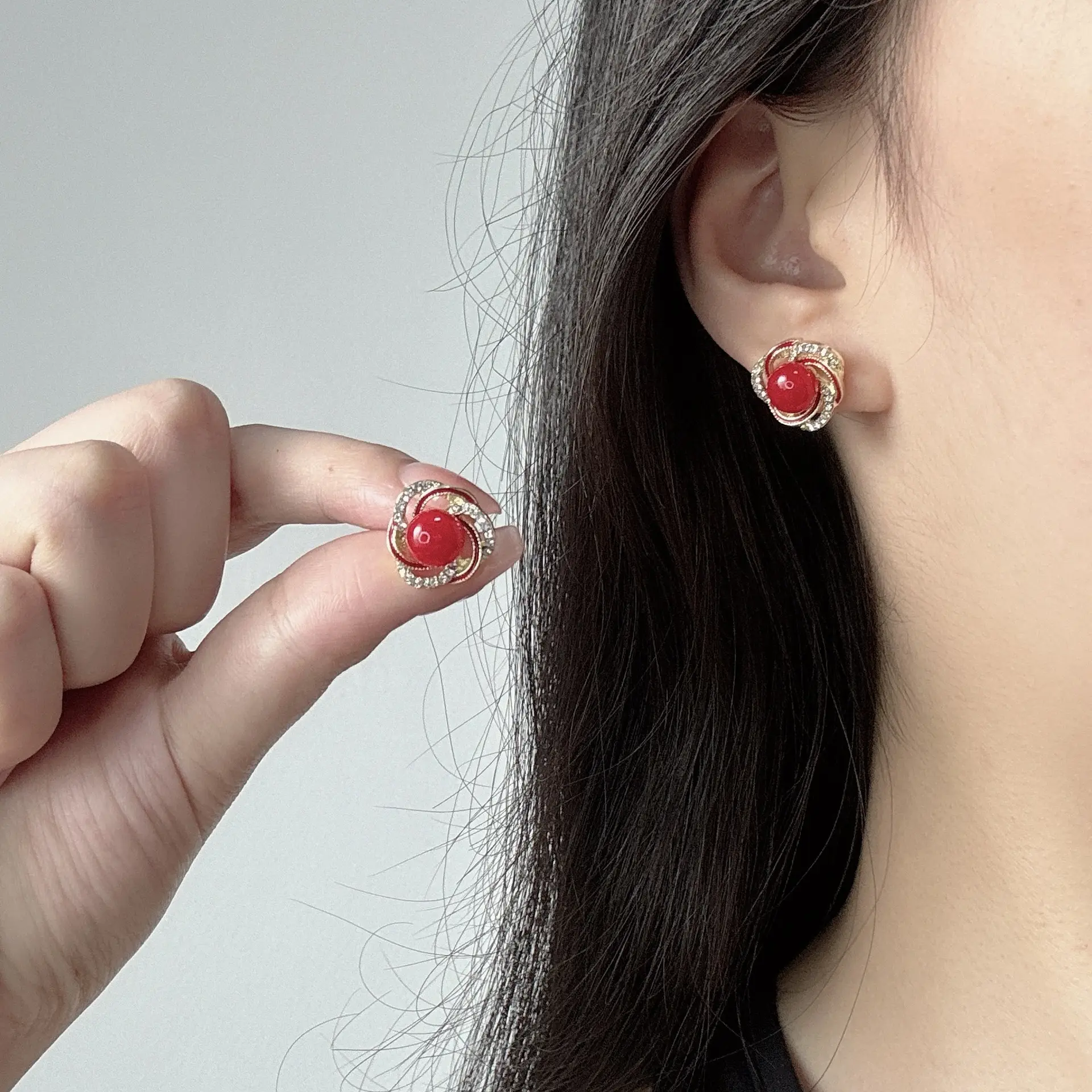 Autumn & Winter Red Bead Ear Stud Earrings S925 Silver - Image 3