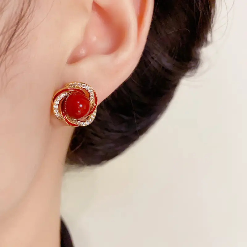 Autumn & Winter Red Bead Ear Stud Earrings S925 Silver - Image 4