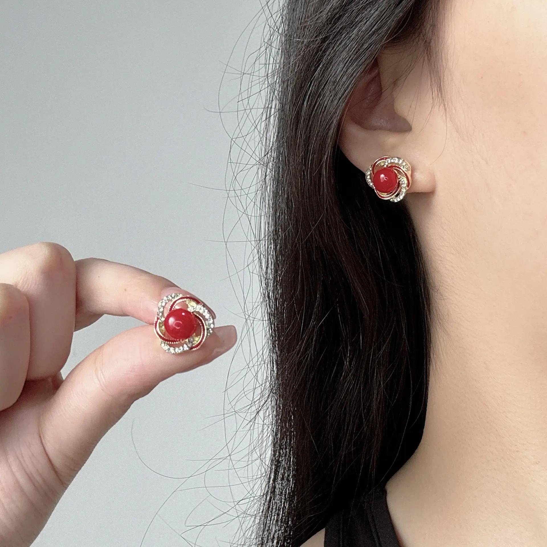 Autumn & Winter Red Bead Ear Stud Earrings S925 Silver - Image 5