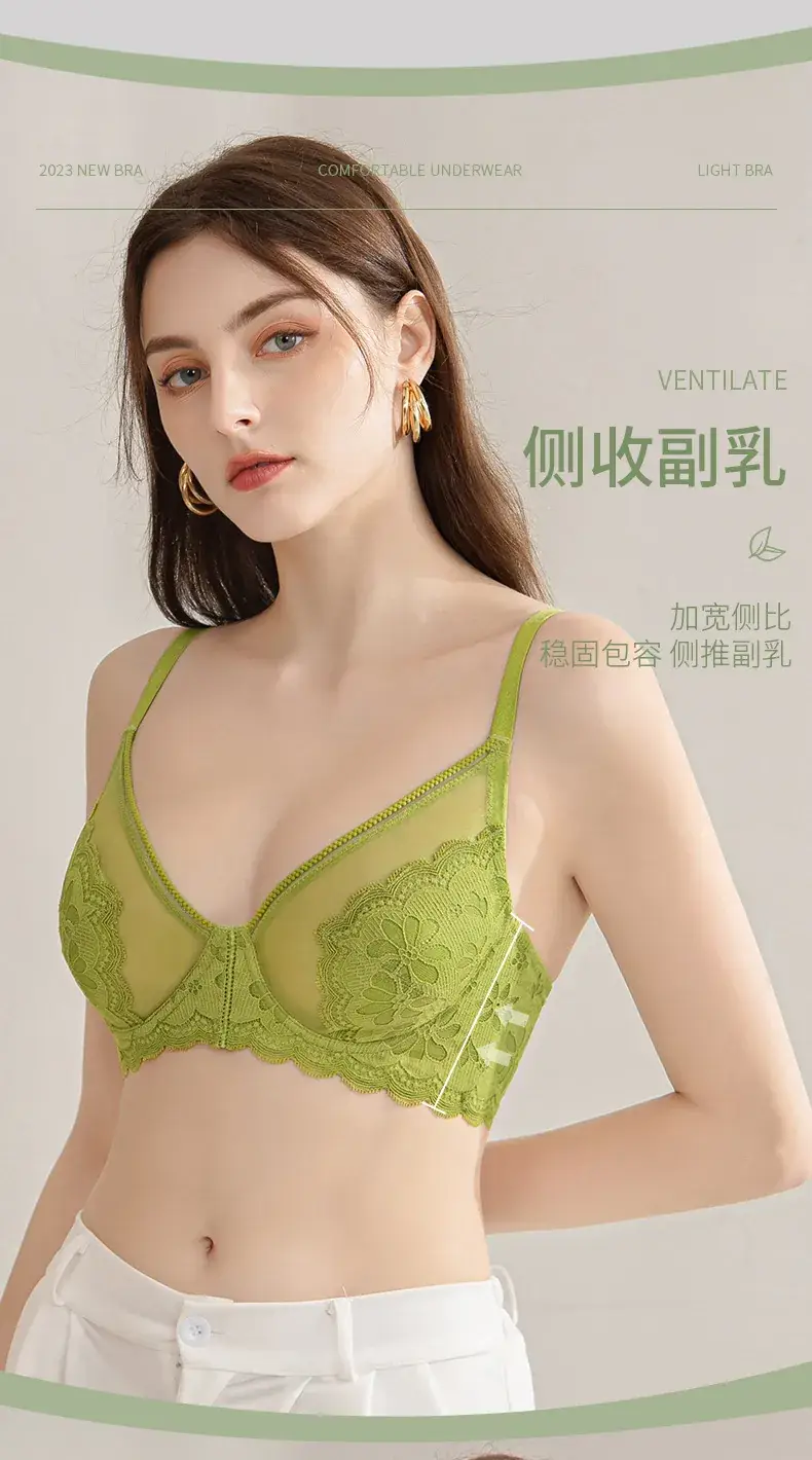 Black Lace Underwear Women's Thin Breathable Large Chest Small Bra Memory Steel Ring plus size Anti-sagging Bra — feature 5
