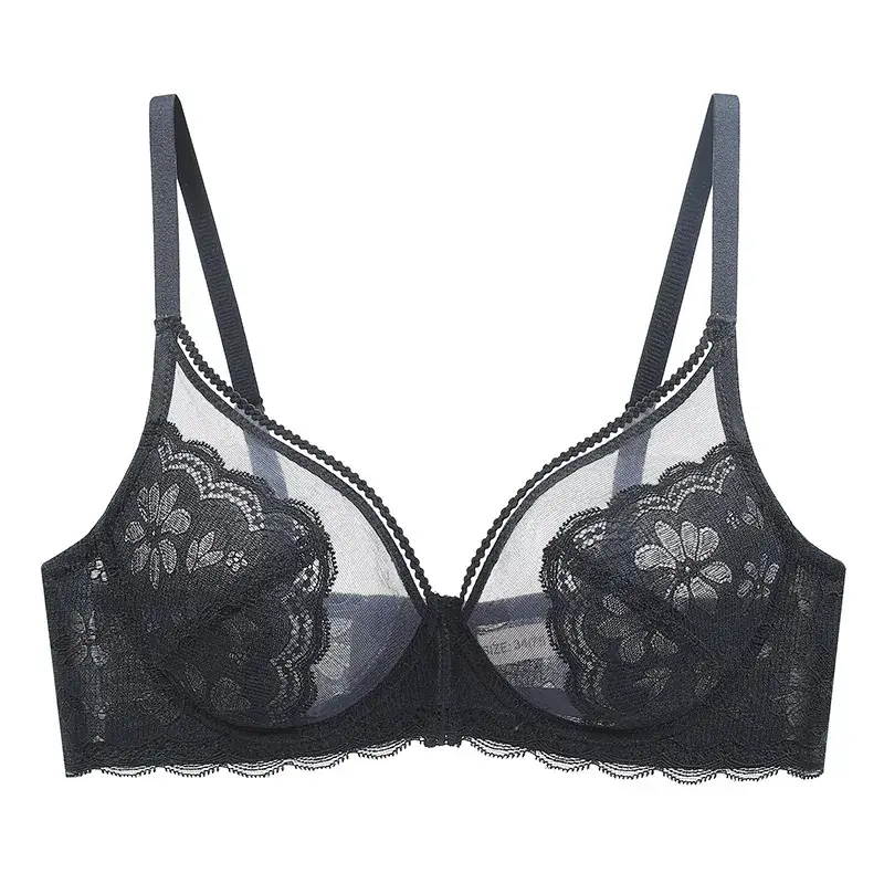 Black Lace Underwear Women's Thin Breathable Large Chest Small Bra Memory Steel Ring plus size Anti-sagging Bra