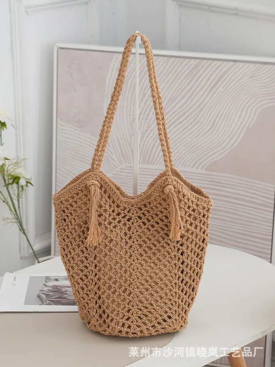 Beige Knitted Tassel Shoulder Bag Crochet