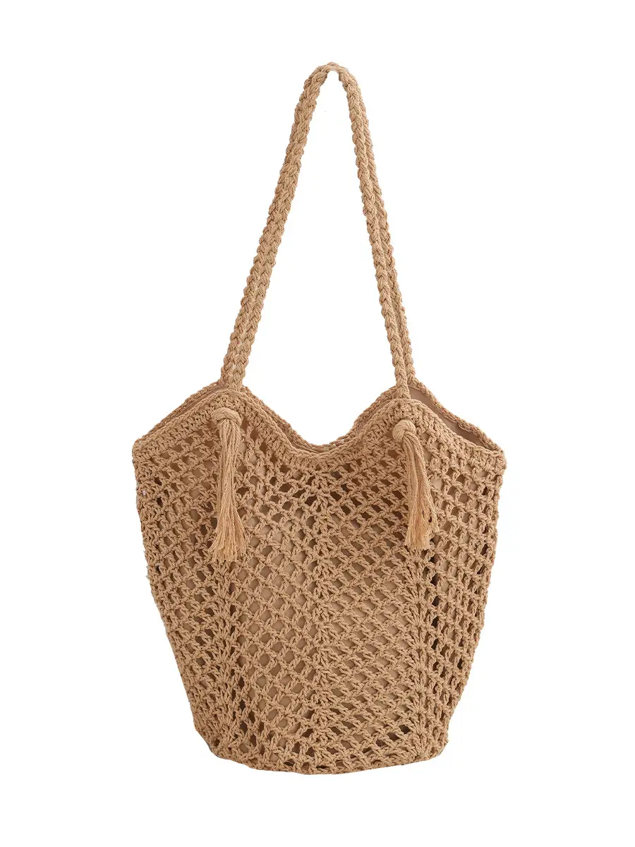 Beige Knitted Tassel Shoulder Bag Crochet