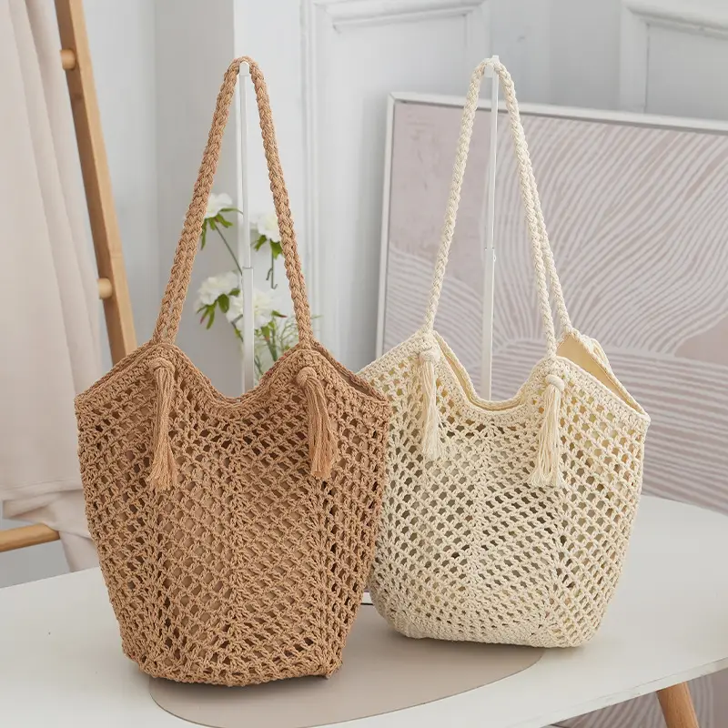 Beige Knitted Tassel Shoulder Bag Crochet — feature 2