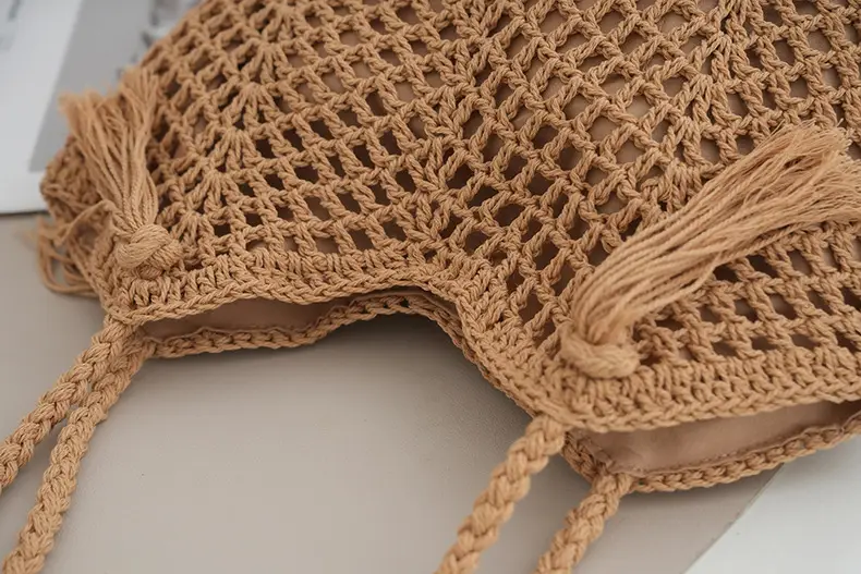 Beige Knitted Tassel Shoulder Bag Crochet — feature 5