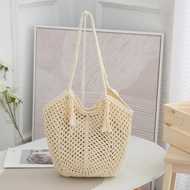 Beige Knitted Tassel Shoulder Bag Crochet — feature 7