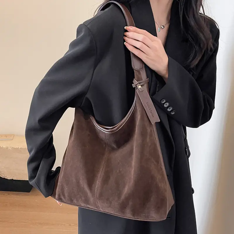 Black Suede Women's Shoulder Bag Large Capacity Student Commuter Tote