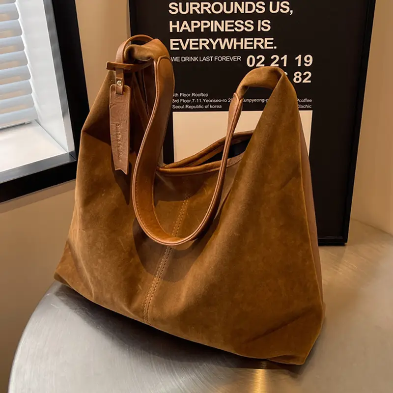 Black Suede Women's Shoulder Bag Large Capacity Student Commuter Tote