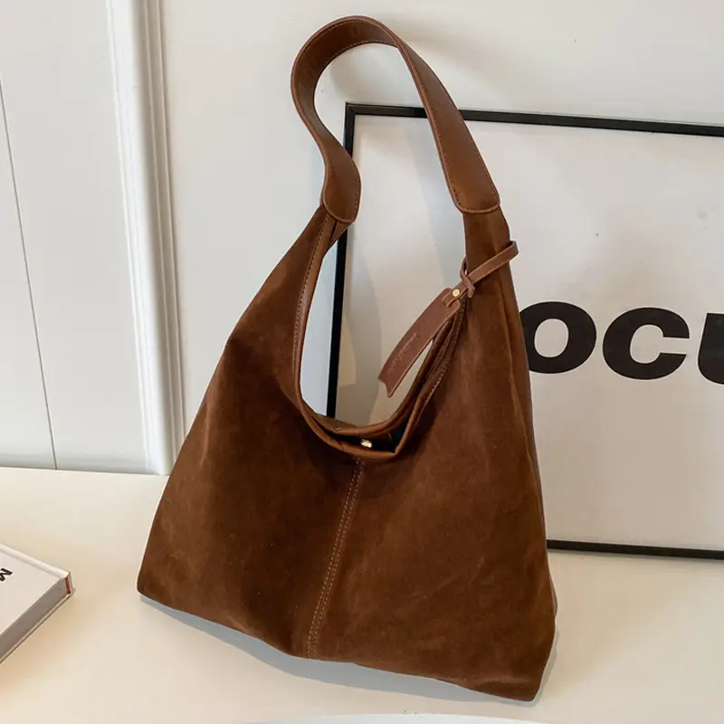 Black Suede Women's Shoulder Bag Large Capacity Student Commuter Tote