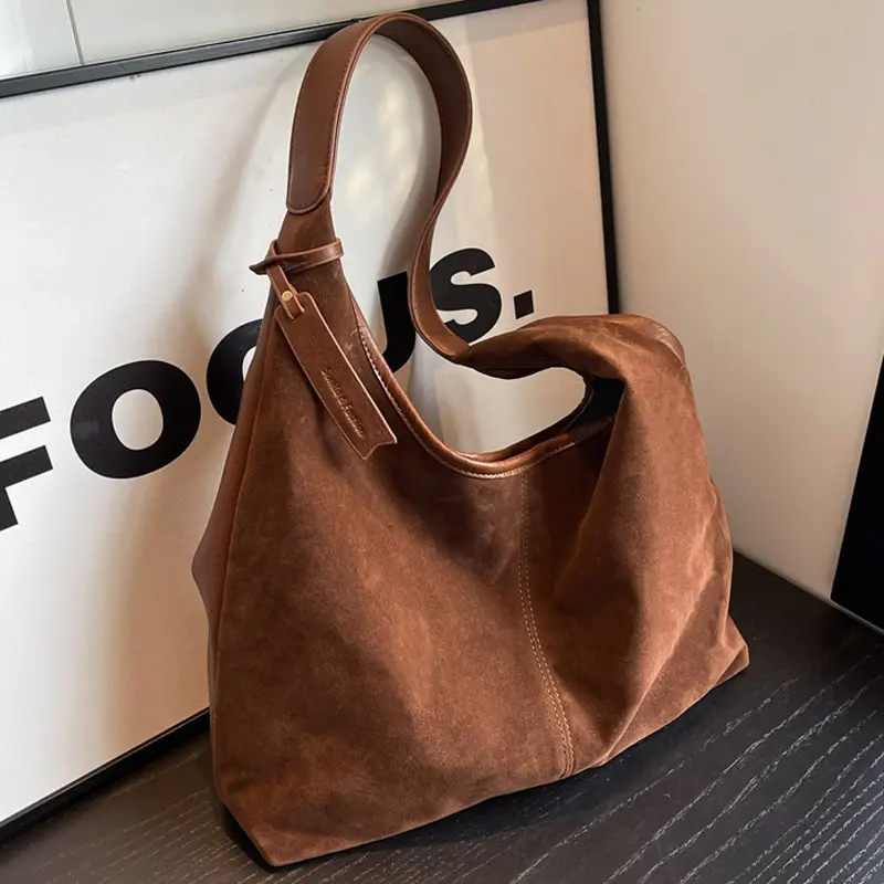 Black Suede Women's Shoulder Bag Large Capacity Student Commuter Tote