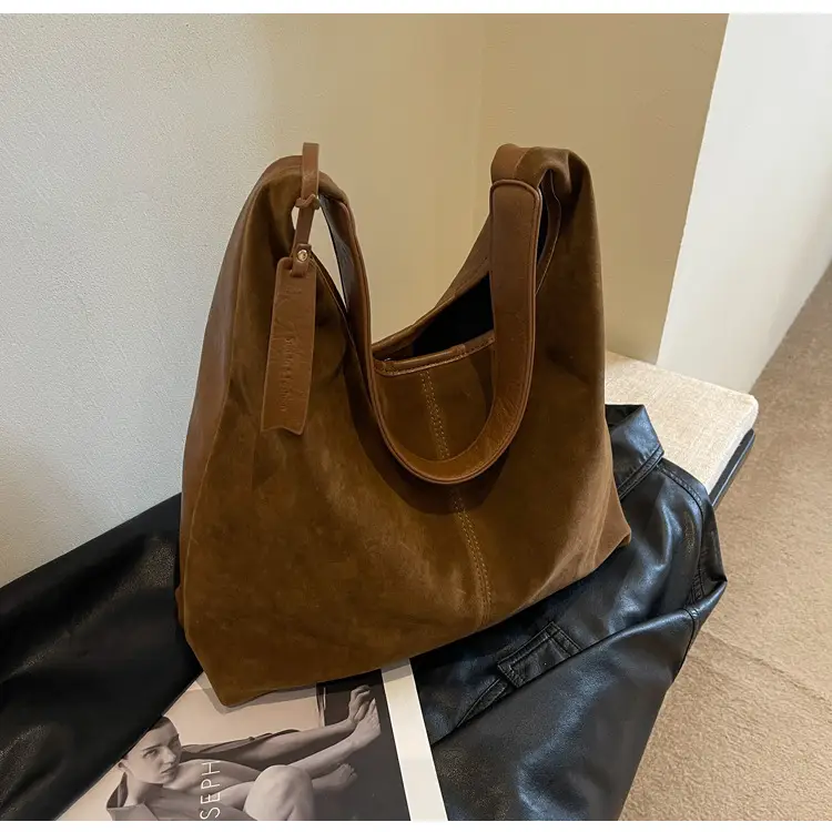 Black Suede Women's Shoulder Bag Large Capacity Student Commuter Tote — feature 15