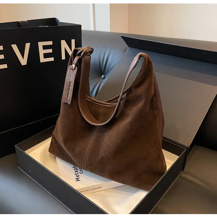 Black Suede Women's Shoulder Bag Large Capacity Student Commuter Tote — feature 24