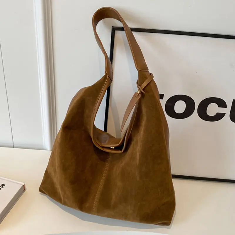 Black Suede Women's Shoulder Bag Large Capacity Student Commuter Tote