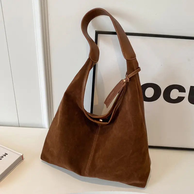 Black Suede Women's Shoulder Bag Large Capacity Student Commuter Tote