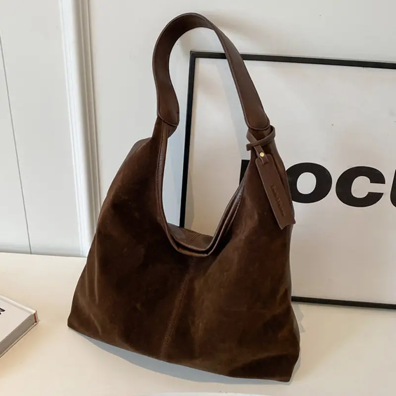 Black Suede Women's Shoulder Bag Large Capacity Student Commuter Tote