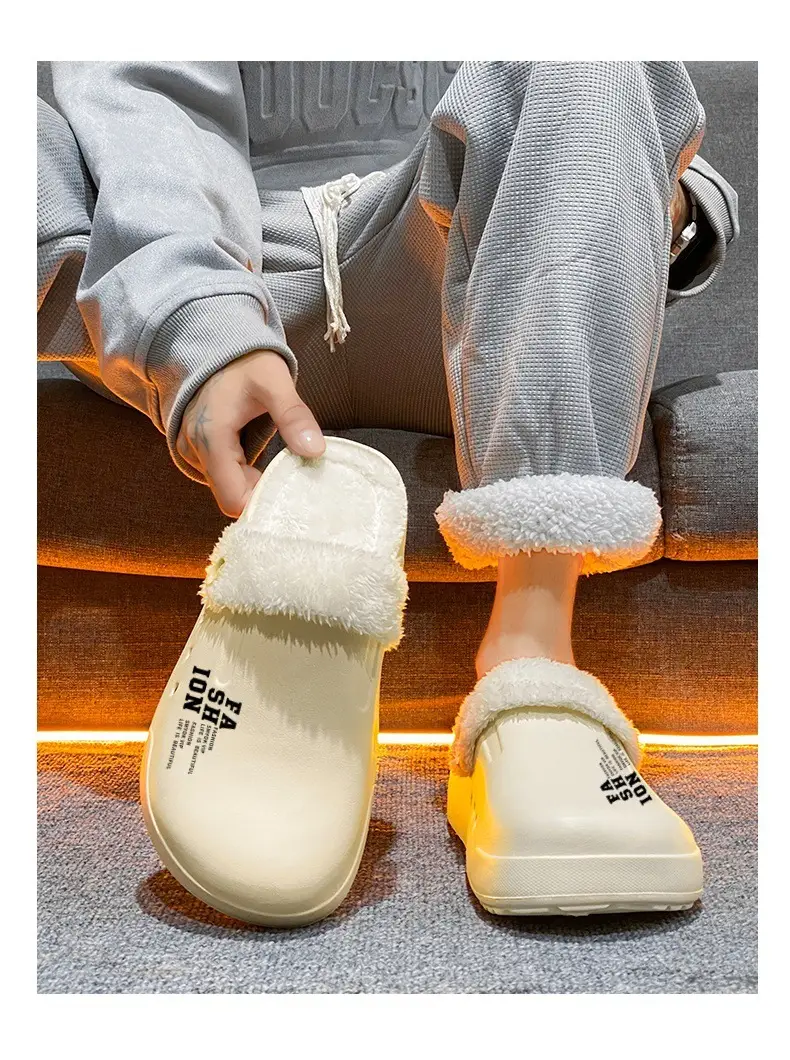 Home Couple Cotton Slippers Autumn and Winter fleece-lined Warm Plush Baotou Cotton Slippers plus size 47 Shit-feeling Cold-proof Cotton Shoes — feature 9