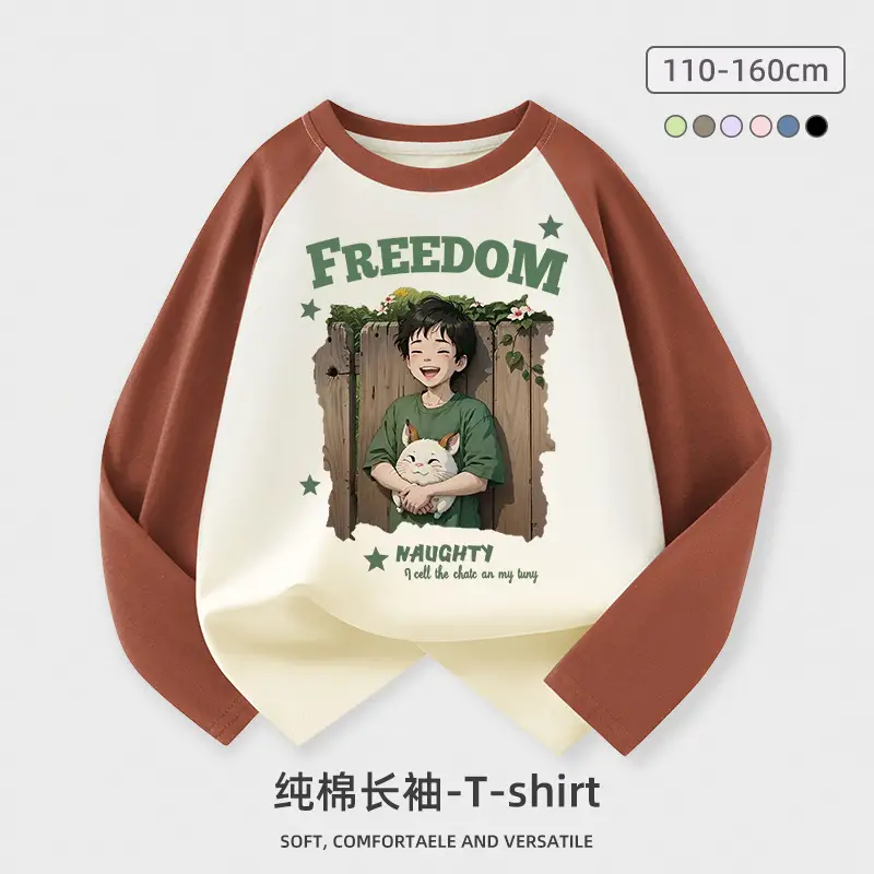 Boys Long Sleeve Pure Cotton T-Shirt Freedom Graphic Middle to Big Child