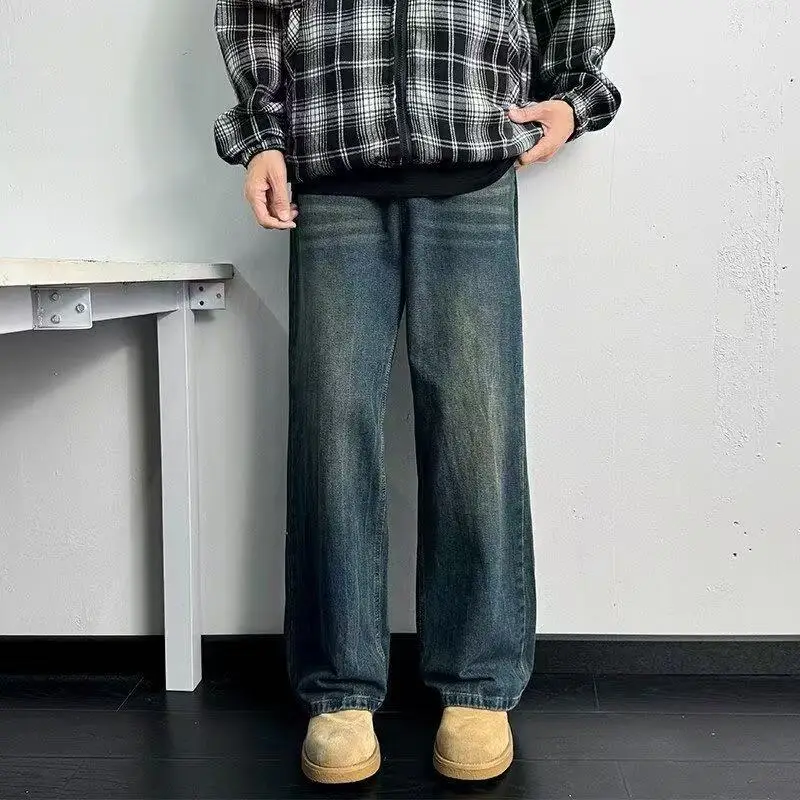 Men Vintage Washed Jeans Dark Blue Straight Fit
