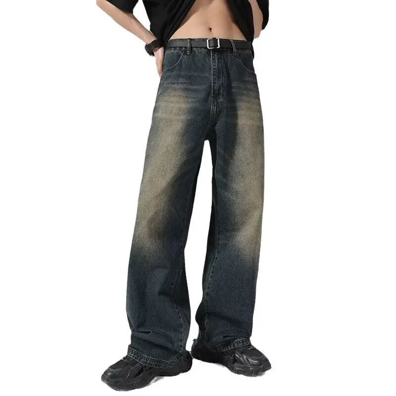 Men Vintage Washed Jeans Dark Blue Straight Fit