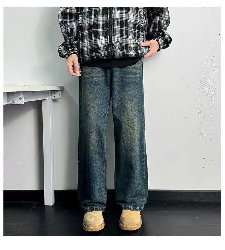 Men Vintage Washed Jeans Dark Blue Straight Fit — feature 11