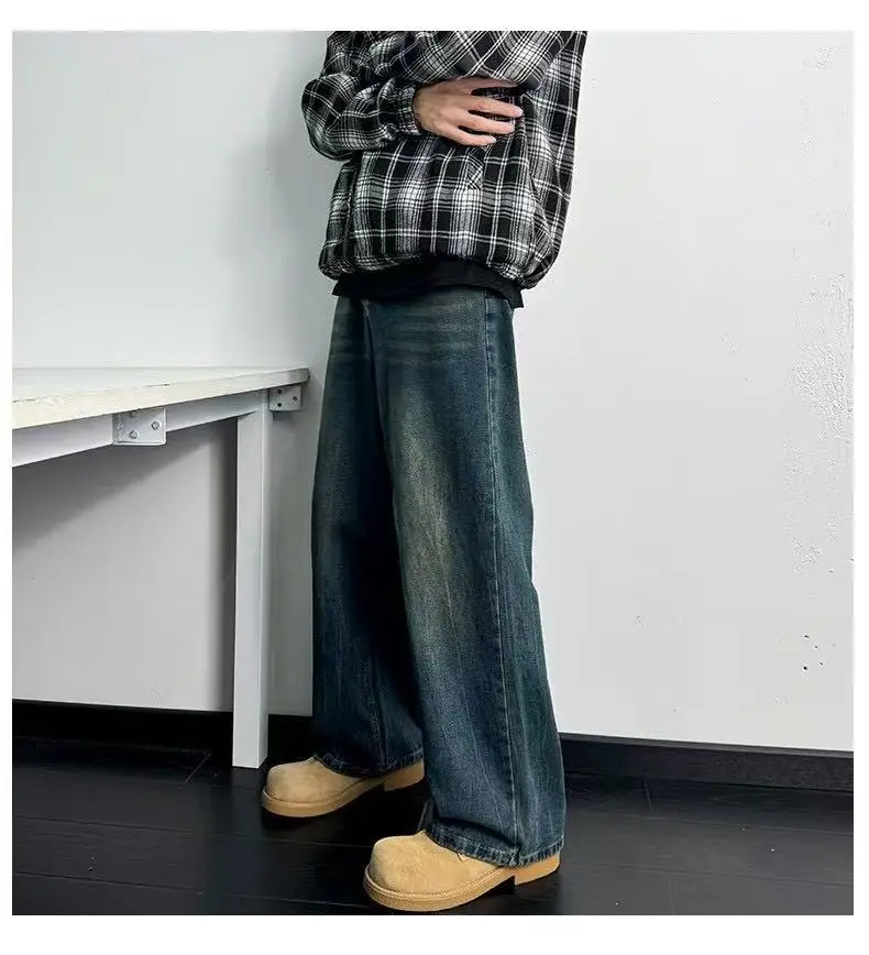 Men Vintage Washed Jeans Dark Blue Straight Fit — feature 12