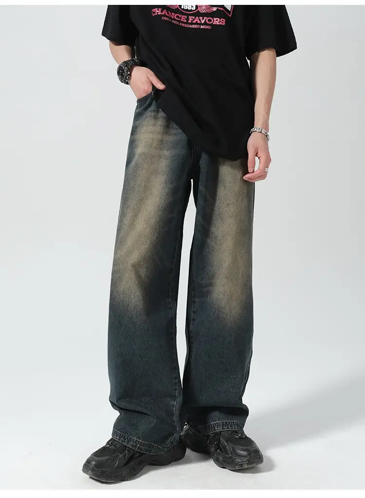 Men Vintage Washed Jeans Dark Blue Straight Fit — feature 2