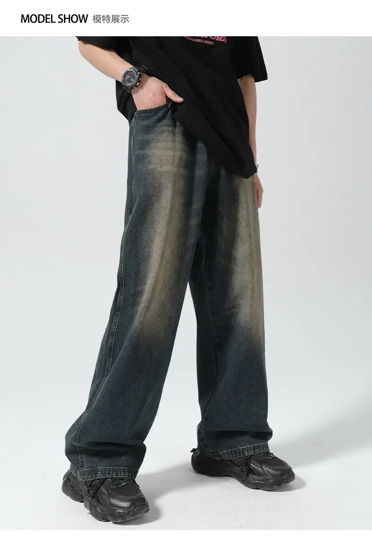 Men Vintage Washed Jeans Dark Blue Straight Fit — feature 3