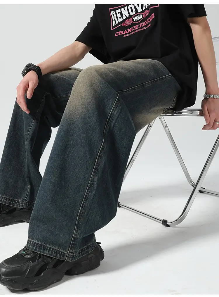 Men Vintage Washed Jeans Dark Blue Straight Fit — feature 5