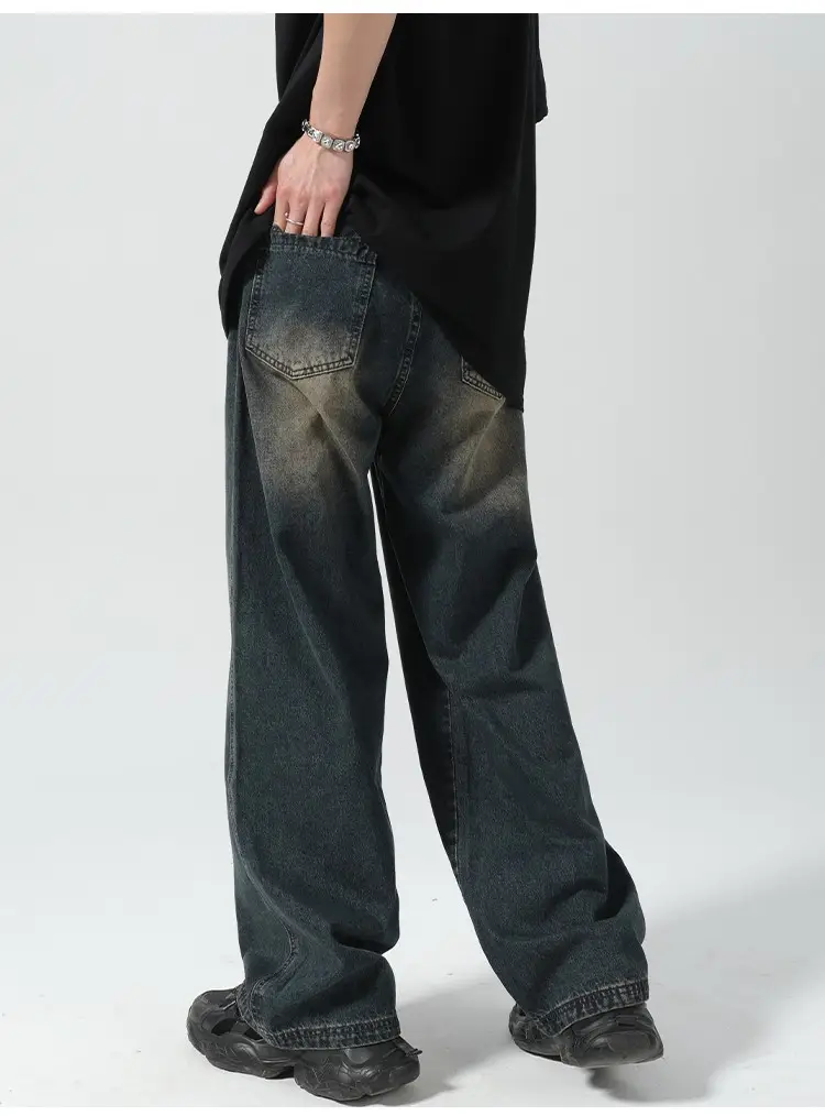 Men Vintage Washed Jeans Dark Blue Straight Fit — feature 6