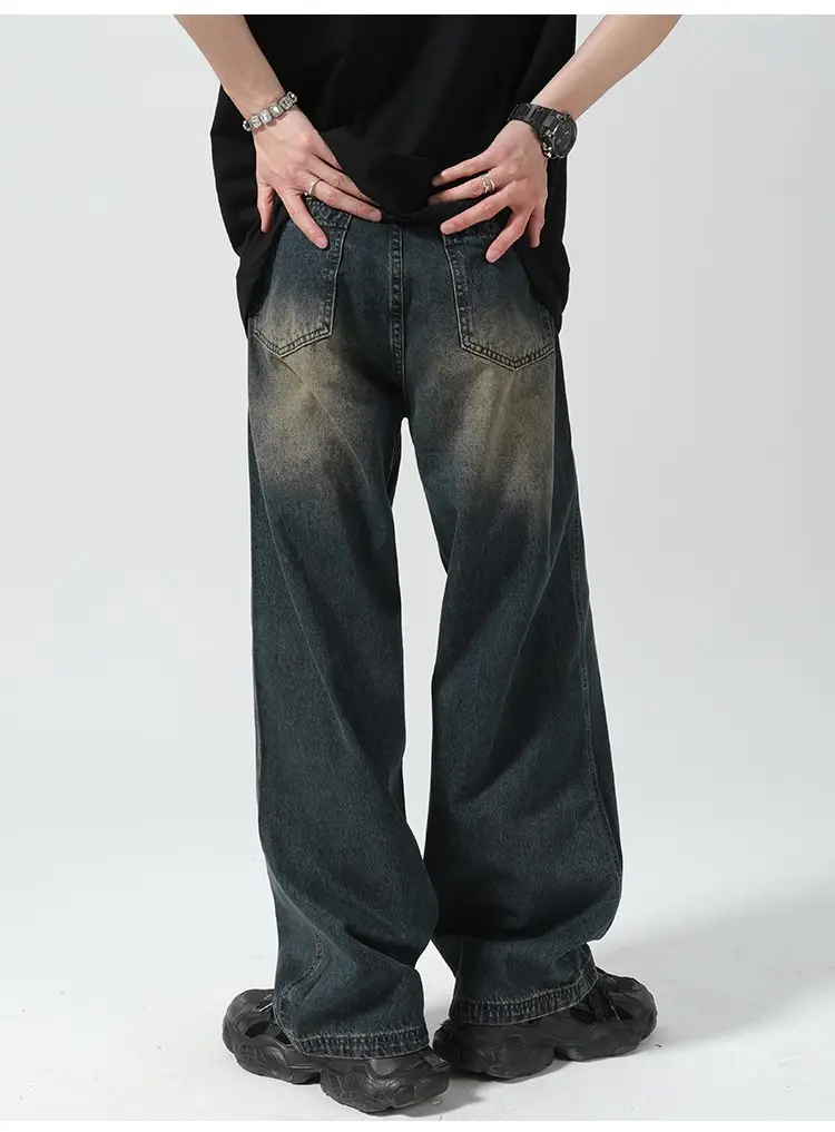 Men Vintage Washed Jeans Dark Blue Straight Fit — feature 7