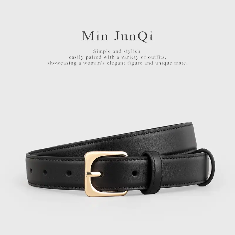 Women's Black Genuine Leather Belt with Gold Buckle - Image 4