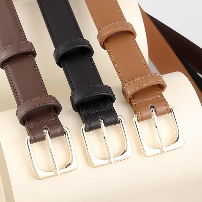 Women's Black Genuine Leather Belt with Gold Buckle - Image 5