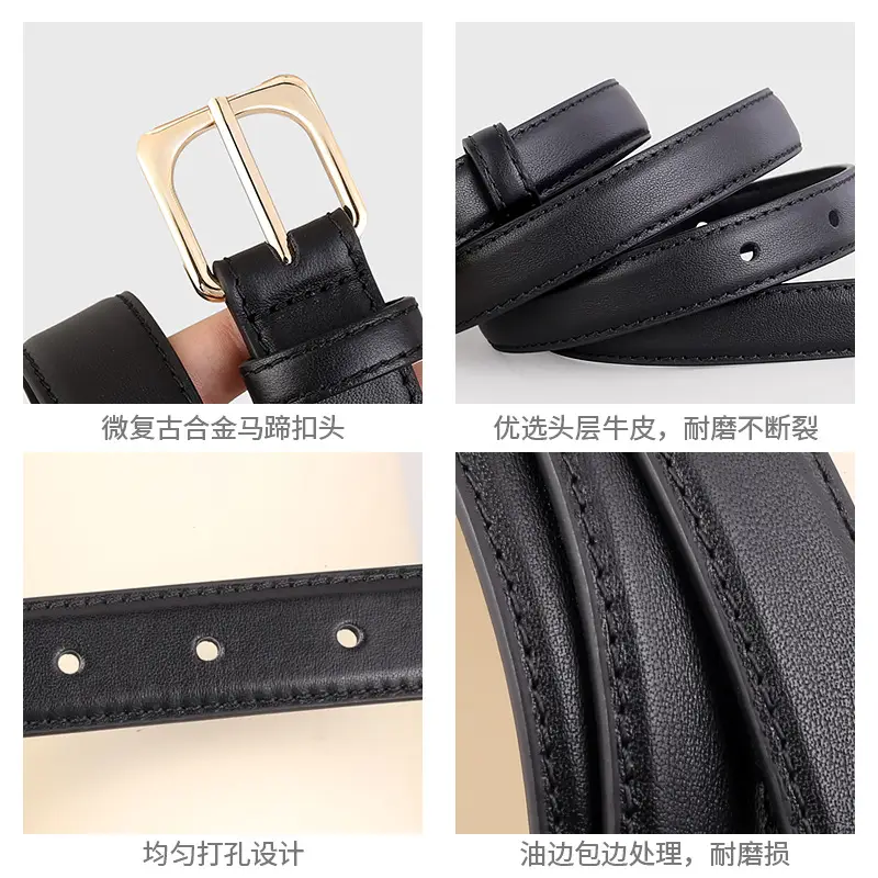 Women's Black Genuine Leather Belt with Gold Buckle - Image 6