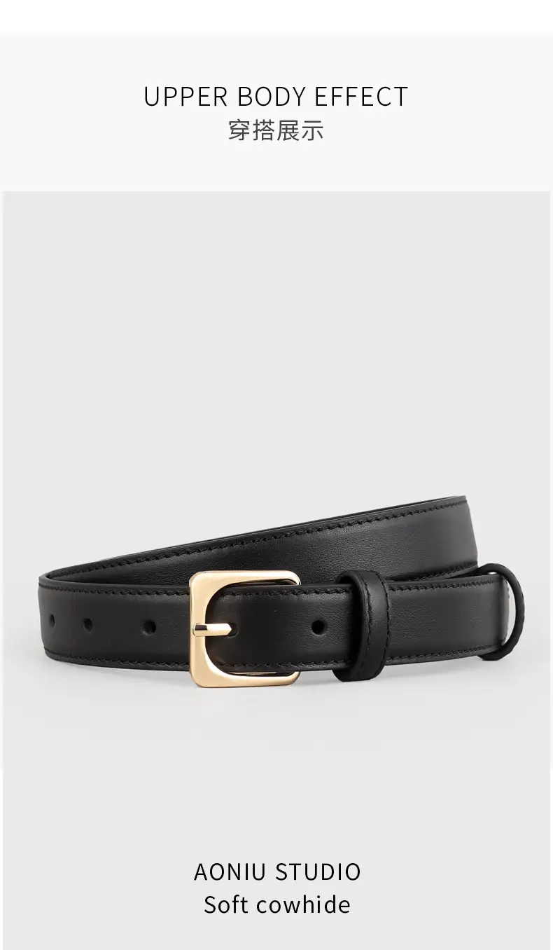Women's Black Genuine Leather Belt with Gold Buckle — feature 10