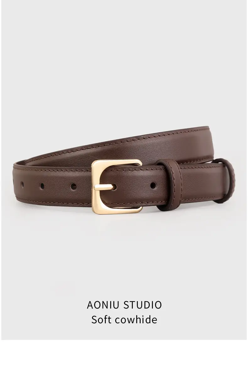 Women's Black Genuine Leather Belt with Gold Buckle — feature 12