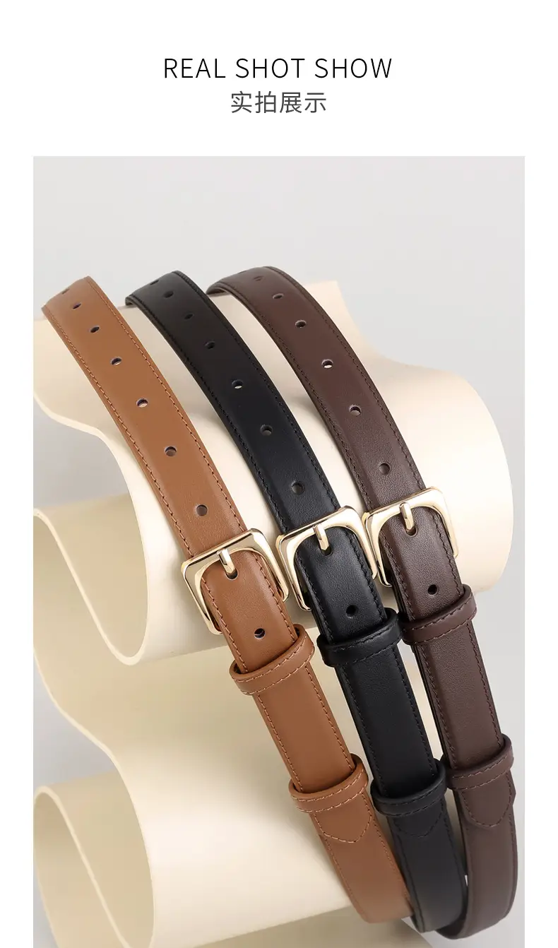 Women's Black Genuine Leather Belt with Gold Buckle — feature 13