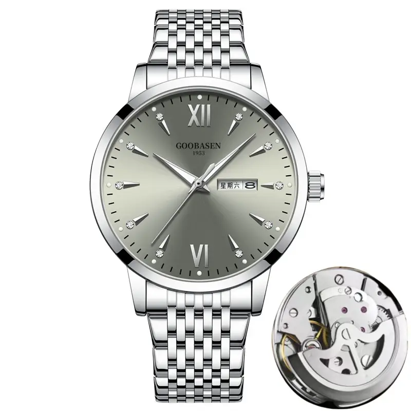 Guberson Men's Skeleton Watch Silver Stainless Steel Large Dial - Image 8
