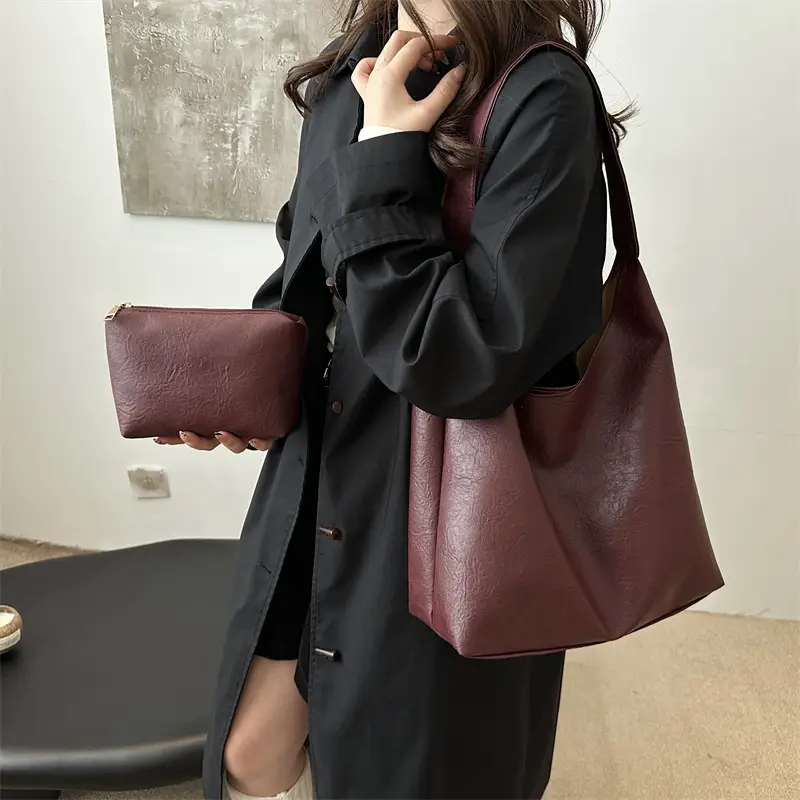 Black 2-Piece Shoulder Tote with Zipper Compartment - Image 8