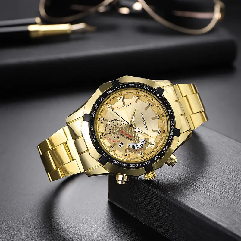 Korean Fashion Men's Gold Chronograph Watch with Calendar